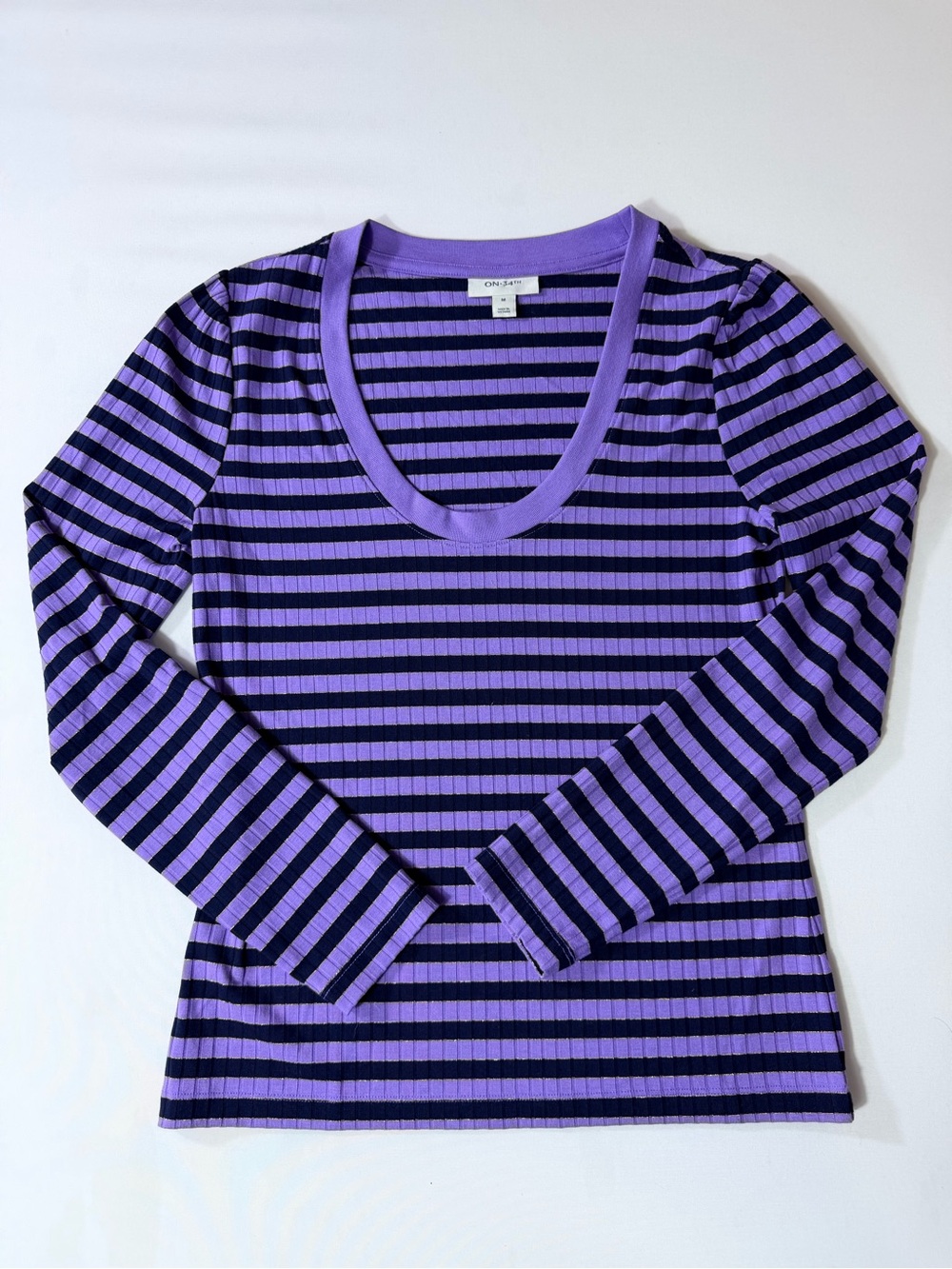 Macys On 34th Purple Black Striped Long Sleeve Knit Top Women’s Medium
